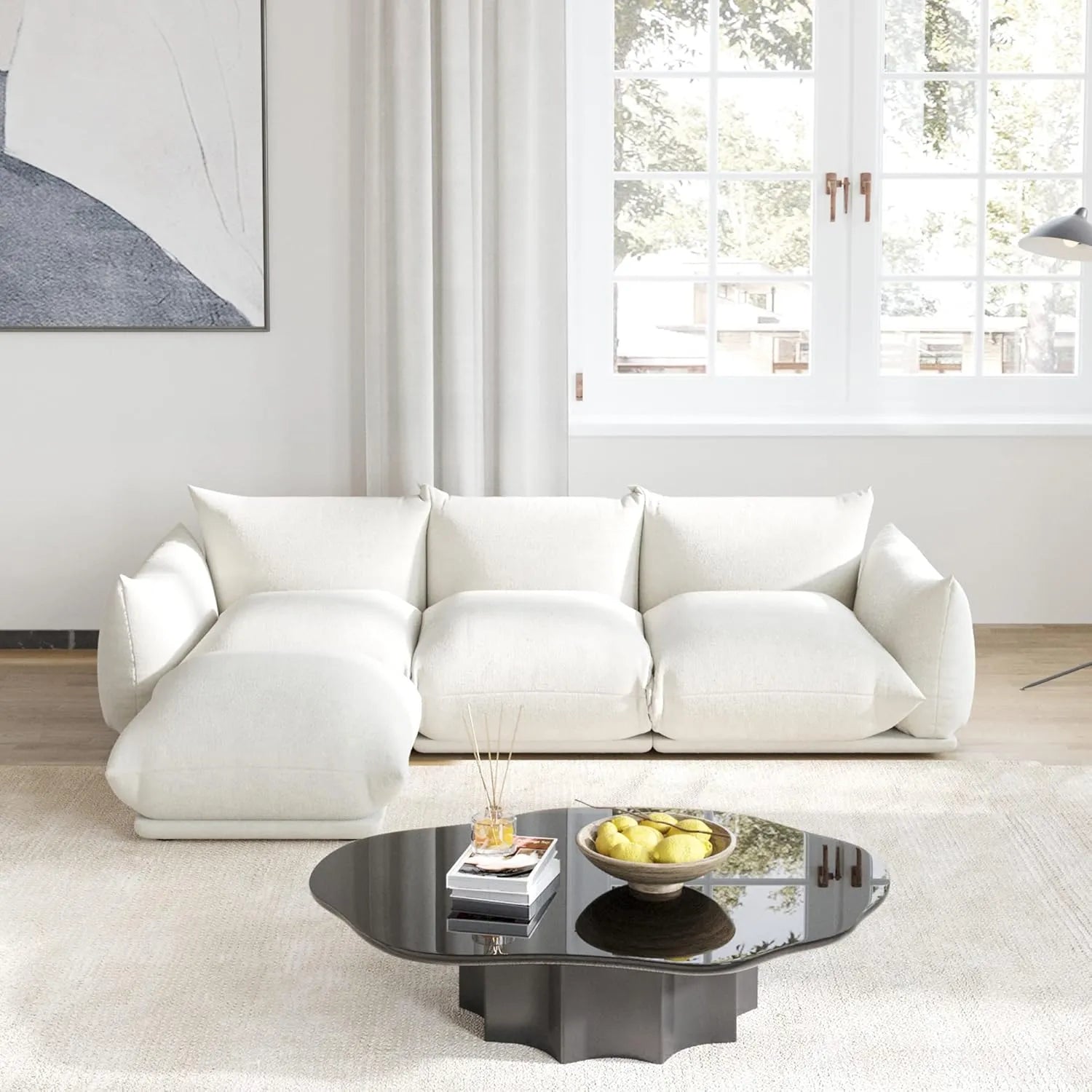 Exclusive Modern Sectional Couches | 4-Piece Chenille Beige Strong Wood Legs L-Shaped Sectionals 3-seaters with 1-Ottomans
