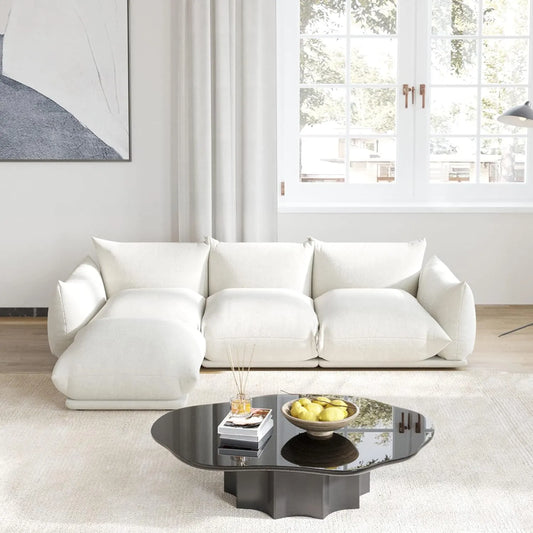 Exclusive Modern Sectional Couches | 4-Piece Chenille Beige Strong Wood Legs L-Shaped Sectionals 3-seaters with 1-Ottomans