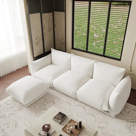 Exclusive Modern Sectional Couches | 4-Piece Chenille Beige Strong Wood Legs L-Shaped Sectionals 3-seaters with 1-Ottomans