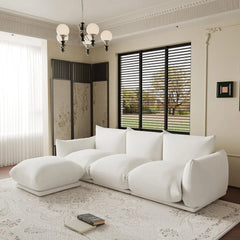 Exclusive Modern Sectional Couches | 4-Piece Chenille Beige Strong Wood Legs L-Shaped Sectionals 3-seaters with 1-Ottomans