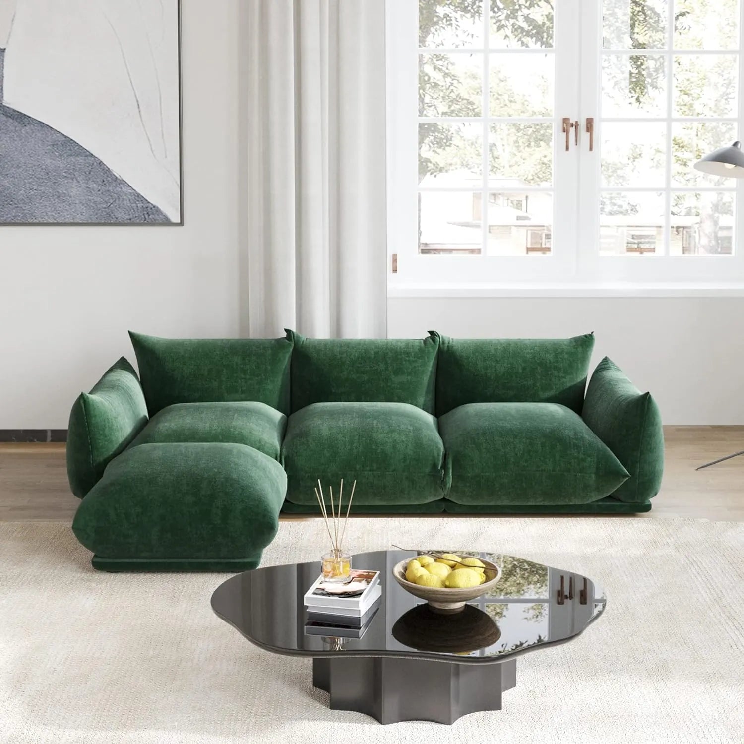 Exclusive Modern Sectional Couches | 4-Piece Chenille Green Mix Match and Style L-Shaped Sectionals 3-seaters with 1-Ottomans