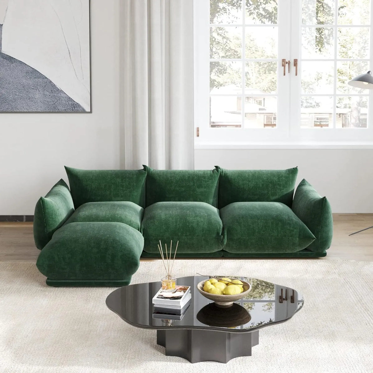 Exclusive Modern Sectional Couches | 4-Piece Chenille Green Mix Match and Style L-Shaped Sectionals 3-seaters with 1-Ottomans