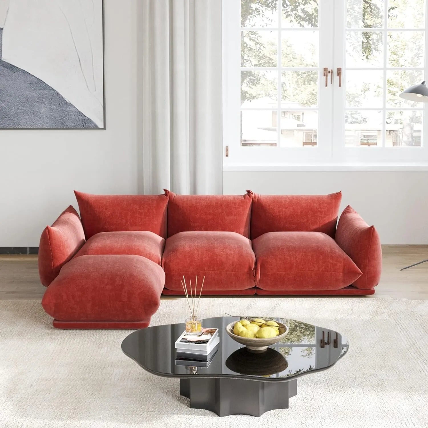 Exclusive Modern Sectional Couches | 4-Piece Chenille Orange Strong Wood Legs L-Shaped Sectionals 3-seaters with 1-Ottomans