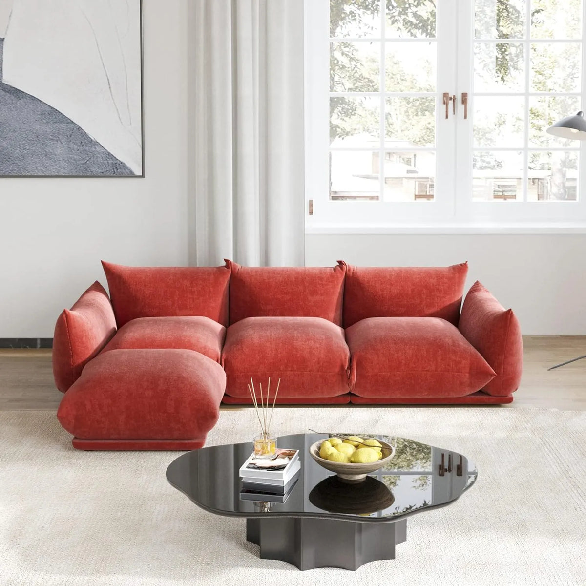 Exclusive Modern Sectional Couches | 4-Piece Chenille Orange Strong Wood Legs L-Shaped Sectionals 3-seaters with 1-Ottomans