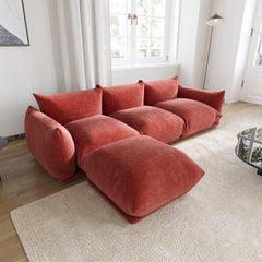 Exclusive Modern Sectional Couches | 4-Piece Chenille Orange Strong Wood Legs L-Shaped Sectionals 3-seaters with 1-Ottomans