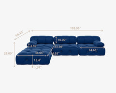 Exclusive Minimalist Modular Couches | 4-Piece Velvet Blue Soft Springy Support L-Shaped Sectionals 3-seaters with 1-Ottomans