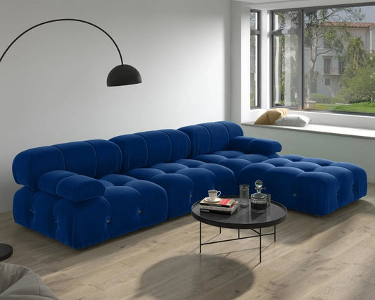 Exclusive Minimalist Modular Couches | 4-Piece Velvet Blue Soft Springy Support L-Shaped Sectionals 3-seaters with 1-Ottomans