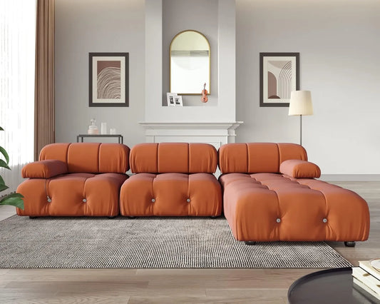 Exclusive Minimalist Modular Couches | 4-Piece Velvet Orange Soft Bouncy Seats L-Shaped Sectionals 3-seaters with 1-Ottomans