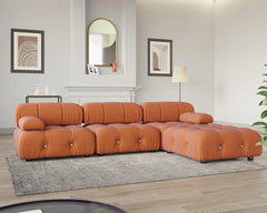 Exclusive Minimalist Modular Couches | 4-Piece Velvet Orange Soft Bouncy Seats L-Shaped Sectionals 3-seaters with 1-Ottomans