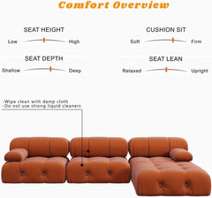 Exclusive Minimalist Modular Couches | 4-Piece Velvet Orange Soft Bouncy Seats L-Shaped Sectionals 3-seaters with 1-Ottomans