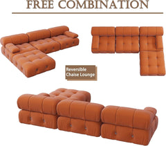 Exclusive Minimalist Modular Couches | 4-Piece Velvet Orange Soft Bouncy Seats L-Shaped Sectionals 3-seaters with 1-Ottomans