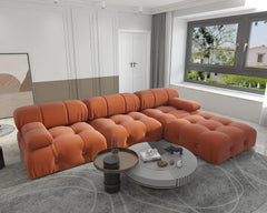 Exclusive Minimalist Modular Couches | 4-Piece Velvet Orange Soft Bouncy Seats L-Shaped Sectionals 3-seaters with 1-Ottomans