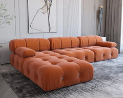 Exclusive Minimalist Modular Couches | 4-Piece Velvet Orange Soft Bouncy Seats L-Shaped Sectionals 3-seaters with 1-Ottomans
