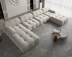 Exclusive Minimalist Modular Couches | 6-Piece Velvet Beige Modular Design U-Shaped Sectionals 4-seaters with 2-Ottomans