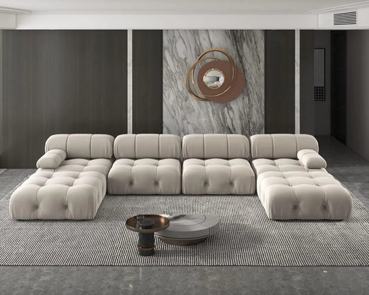 Exclusive Minimalist Modular Couches | 6-Piece Velvet Beige Modular Design U-Shaped Sectionals 4-seaters with 2-Ottomans