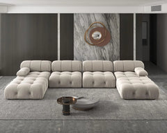 Exclusive Minimalist Modular Couches | 6-Piece Velvet Beige Modular Design U-Shaped Sectionals 4-seaters with 2-Ottomans