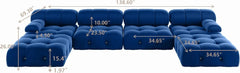 Exclusive Minimalist Modular Couches | 6-Piece Velvet Blue Modular Design U-Shaped Sectionals 4-seaters with 2-Ottomans