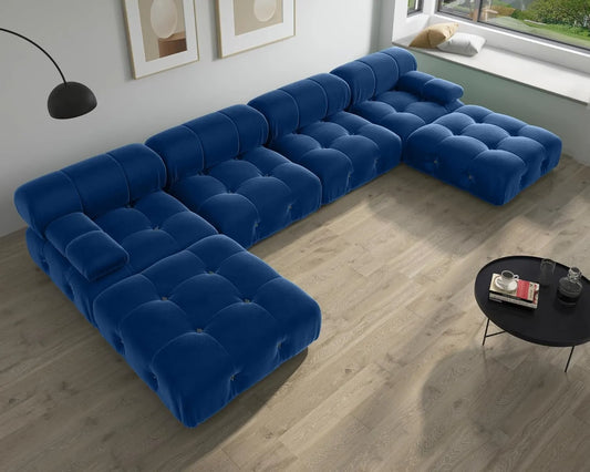 Exclusive Minimalist Modular Couches | 6-Piece Velvet Blue Modular Design U-Shaped Sectionals 4-seaters with 2-Ottomans