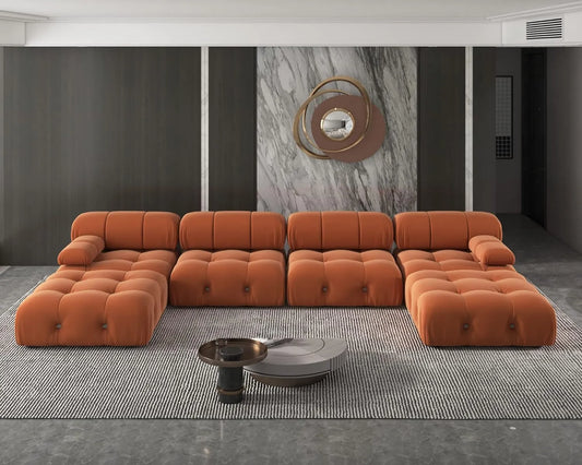 Exclusive Minimalist Modular Couches | 6-Piece Velvet Orange A Classic Fancy Look U-Shaped Sectionals 4-seaters with 2-Ottomans