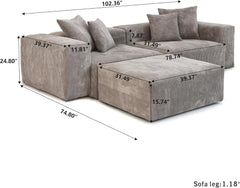 Exclusive Modern Modular Couches | 3-Piece Corduroy Brown Anti-Collision Design Chaise Sectionals 2-seaters with 1-Ottomans