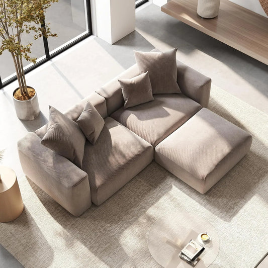 Exclusive Modern Modular Couches | 3-Piece Corduroy Brown Anti-Collision Design Chaise Sectionals 2-seaters with 1-Ottomans