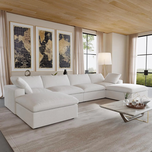 Premium Luxe Cloud Sectional Couches | 6-Piece Linen White Airy Relaxed Elegance U-Shaped Sectionals 4-seaters with 2-Ottomans