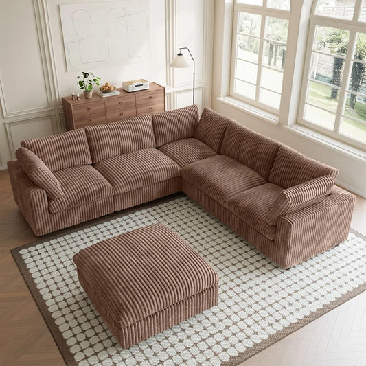 Premium Classic Cloud Sectional Couches | 6-Piece Plush Fabric Brown A Strong Wood Frame Sofa Sets 5-seaters with 1-Ottomans