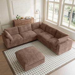 Premium Classic Cloud Sectional Couches | 6-Piece Plush Fabric Brown A Strong Wood Frame Sofa Sets 5-seaters with 1-Ottomans