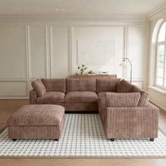 Premium Classic Cloud Sectional Couches | 6-Piece Plush Fabric Brown A Strong Wood Frame Sofa Sets 5-seaters with 1-Ottomans