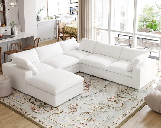 Premium Luxe Cloud Sectional Couches | 6-Piece Linen White Modular Design Sofa Sets 5-seaters with 1-Ottomans