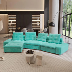 Premium Adjustable Cloud Sectional Couches | 4-Piece Velvet Tiffany Blue Modular Design L-Shaped Sectionals 4-seaters with 1-Ottomans