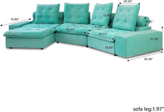 Premium Adjustable Cloud Sectional Couches | 4-Piece Velvet Tiffany Blue Modular Design L-Shaped Sectionals 4-seaters with 1-Ottomans