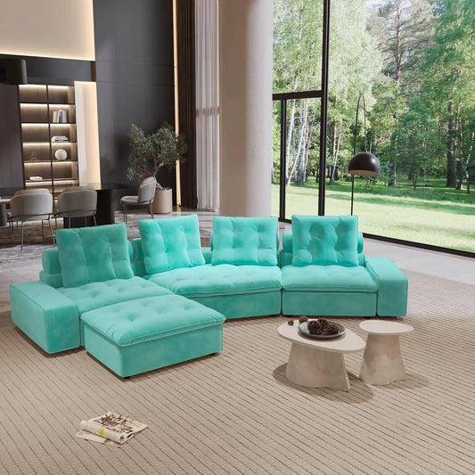 Premium Adjustable Cloud Sectional Couches | 4-Piece Velvet Tiffany Blue Modular Design L-Shaped Sectionals 4-seaters with 1-Ottomans