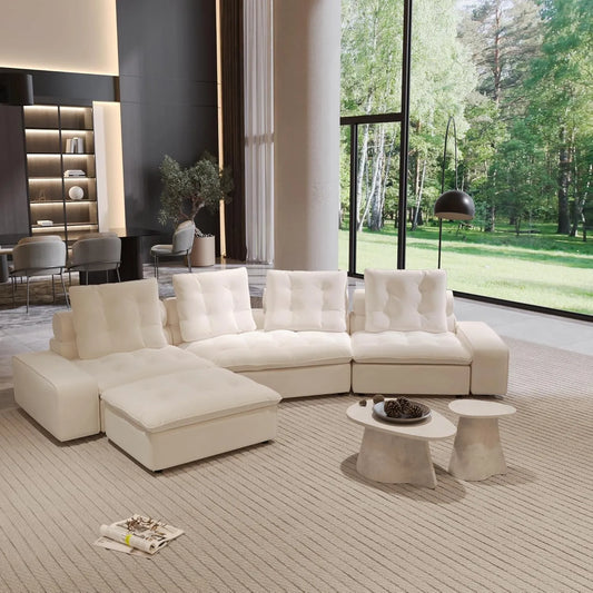 Premium Adjustable Cloud Sectional Couches | 4-Piece Velvet Beige Cloud-Like Comfort L-Shaped Sectionals 4-seaters with 1-Ottomans