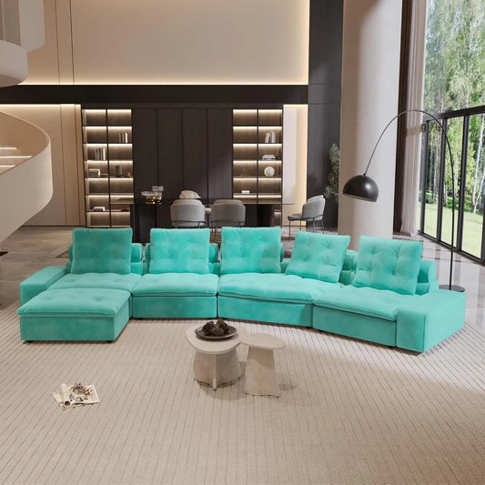 Premium Adjustable Cloud Sectional Couches | 5-Piece Velvet Tiffany Blue So Soft And Gentle L-Shaped Sectionals 5-seaters