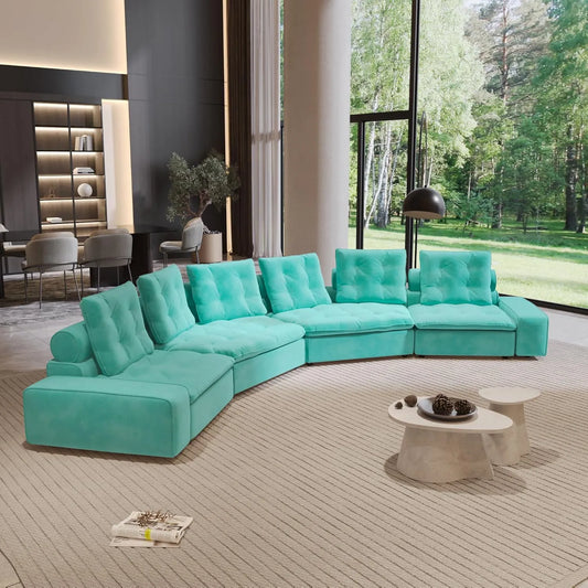 Premium Adjustable Cloud Sectional Couches | 4-Piece Velvet Tiffany Blue Modular Design Couch Sectionals 6-seaters