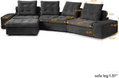Premium Adjustable Cloud Sectional Couches | 4-Piece Velvet Grey A Cool Curved Sofa L-Shaped Sectionals 4-seaters with 1-Ottomans