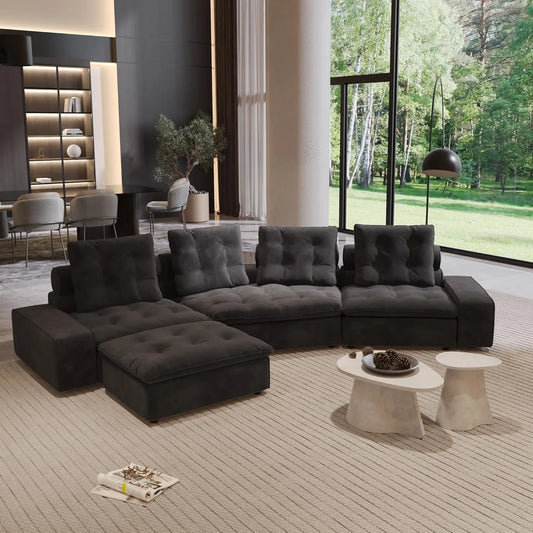 Premium Adjustable Cloud Sectional Couches | 4-Piece Velvet Grey A Cool Curved Sofa L-Shaped Sectionals 4-seaters with 1-Ottomans