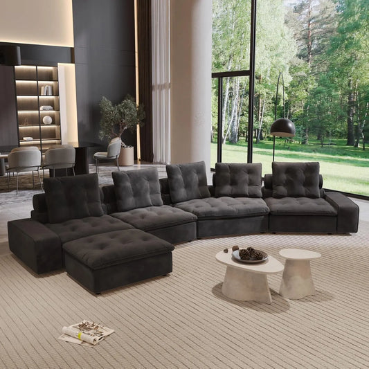 Premium Adjustable Cloud Sectional Couches | 5-Piece Velvet Grey A Smooth Modern Sofa L-Shaped Sectionals 5-seaters