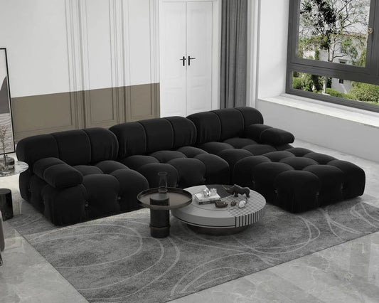 Exclusive Minimalist Modular Couches | 4-Piece Velvet Black Old Style New Style L-Shaped Sectionals 3-seaters with 1-Ottomans