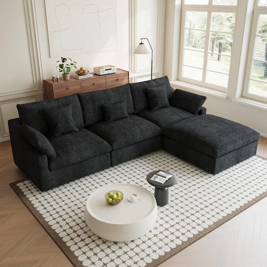Premium Slope Cloud Sectional Couches | 4-Piece Linen Black Modular Design L-Shaped Sectionals 3-seaters with 1-Ottomans
