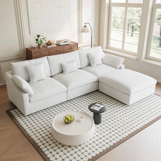 Premium Slope Cloud Sectional Couches | 4-Piece Linen White Modular Design L-Shaped Sectionals 3-seaters with 1-Ottomans