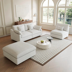 Premium Slope Cloud Sectional Couches | 4-Piece Linen White Modular Design L-Shaped Sectionals 3-seaters with 1-Ottomans