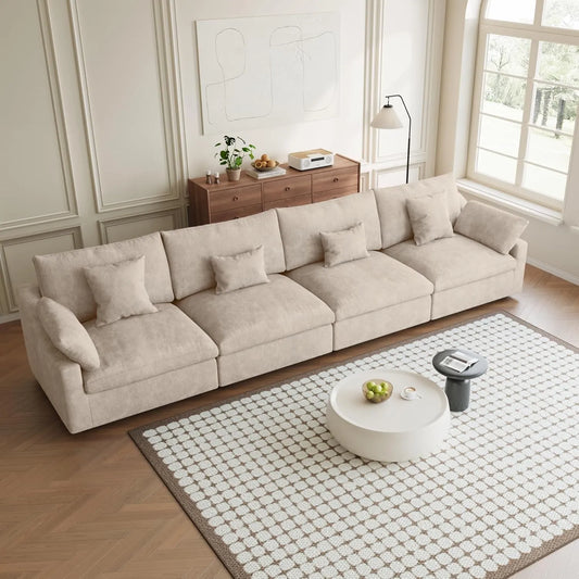 Premium Slope Cloud Sectional Couches | 4-Piece Linen Khaki Totally Washable Covers Couch Sectionals 4-seaters