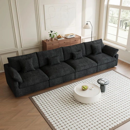 Premium Slope Cloud Sectional Couches | 4-Piece Linen Black Simple Beachy Style Couch Sectionals 4-seaters