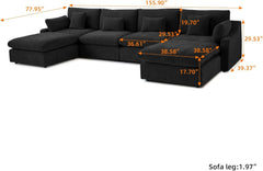 Premium Slope Cloud Sectional Couches | 6-Piece Linen Black Covers Are Easy To Wash U-Shaped Sectionals 4-seaters with 2-Ottomans