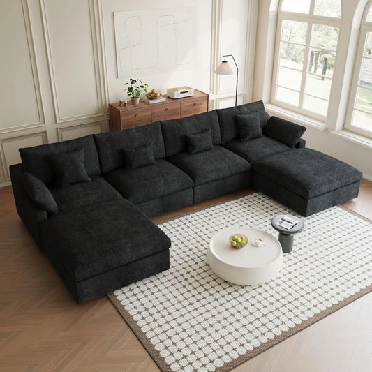 Premium Slope Cloud Sectional Couches | 6-Piece Linen Black Covers Are Easy To Wash U-Shaped Sectionals 4-seaters with 2-Ottomans