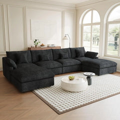 Premium Slope Cloud Sectional Couches | 6-Piece Linen Black Covers Are Easy To Wash U-Shaped Sectionals 4-seaters with 2-Ottomans