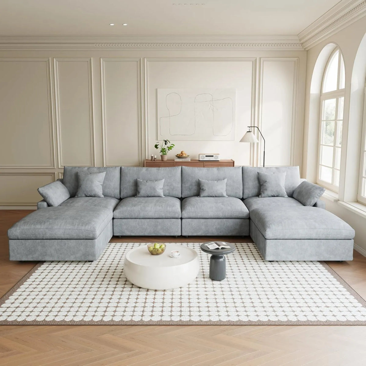 Premium Slope Cloud Sectional Couches | 6-Piece Linen Light Grey Cloud-Like Comfort U-Shaped Sectionals 4-seaters with 2-Ottomans