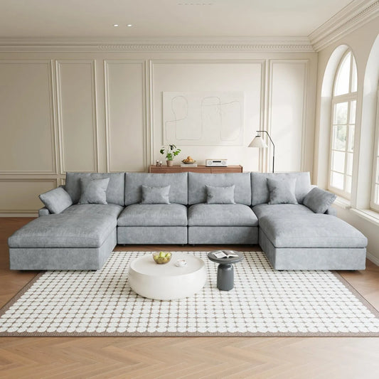 Premium Slope Cloud Sectional Couches | 6-Piece Linen Light Grey Cloud-Like Comfort U-Shaped Sectionals 4-seaters with 2-Ottomans